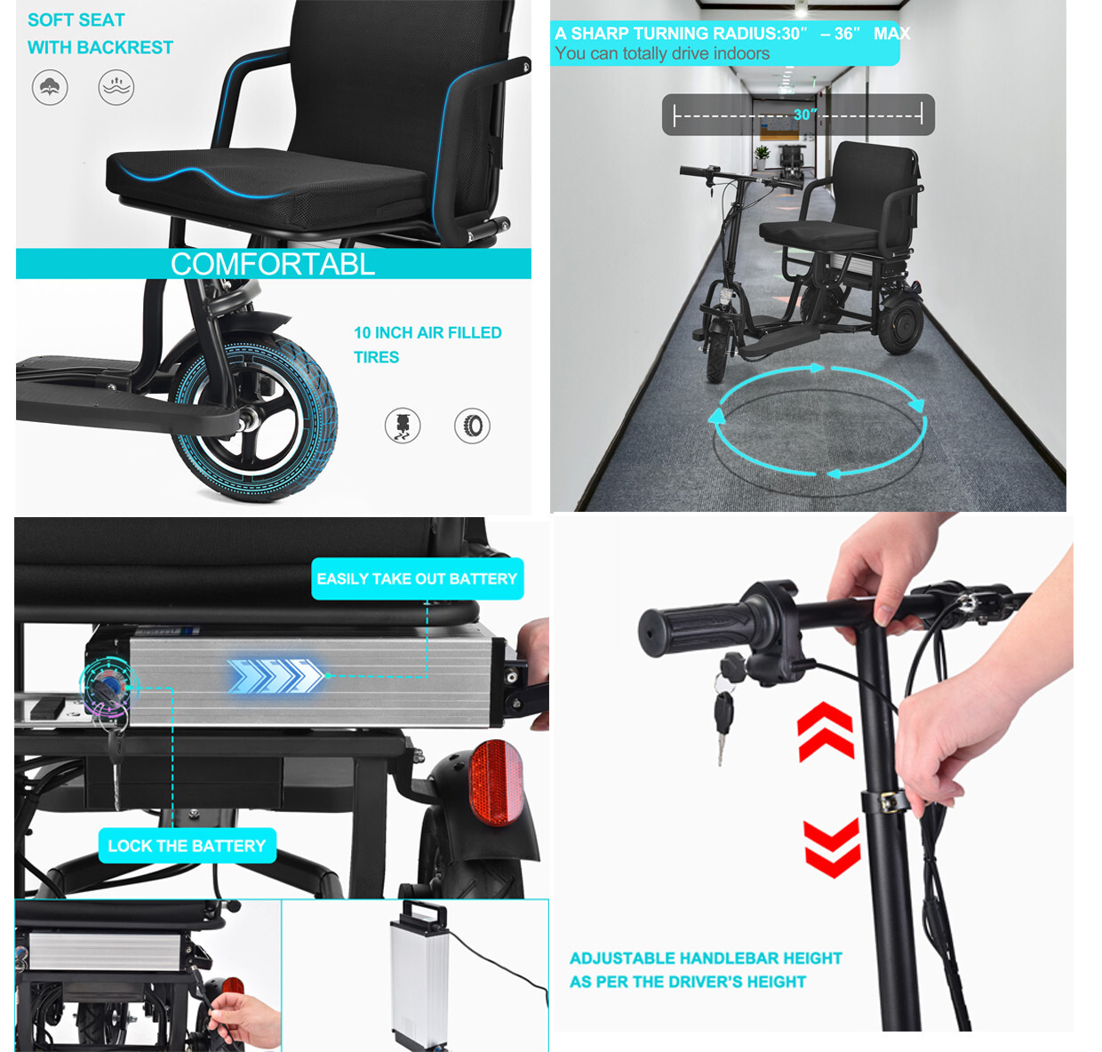 3 Wheel Folding Mobility Scooter Power Wheel Chairs Electric Long Range Portable