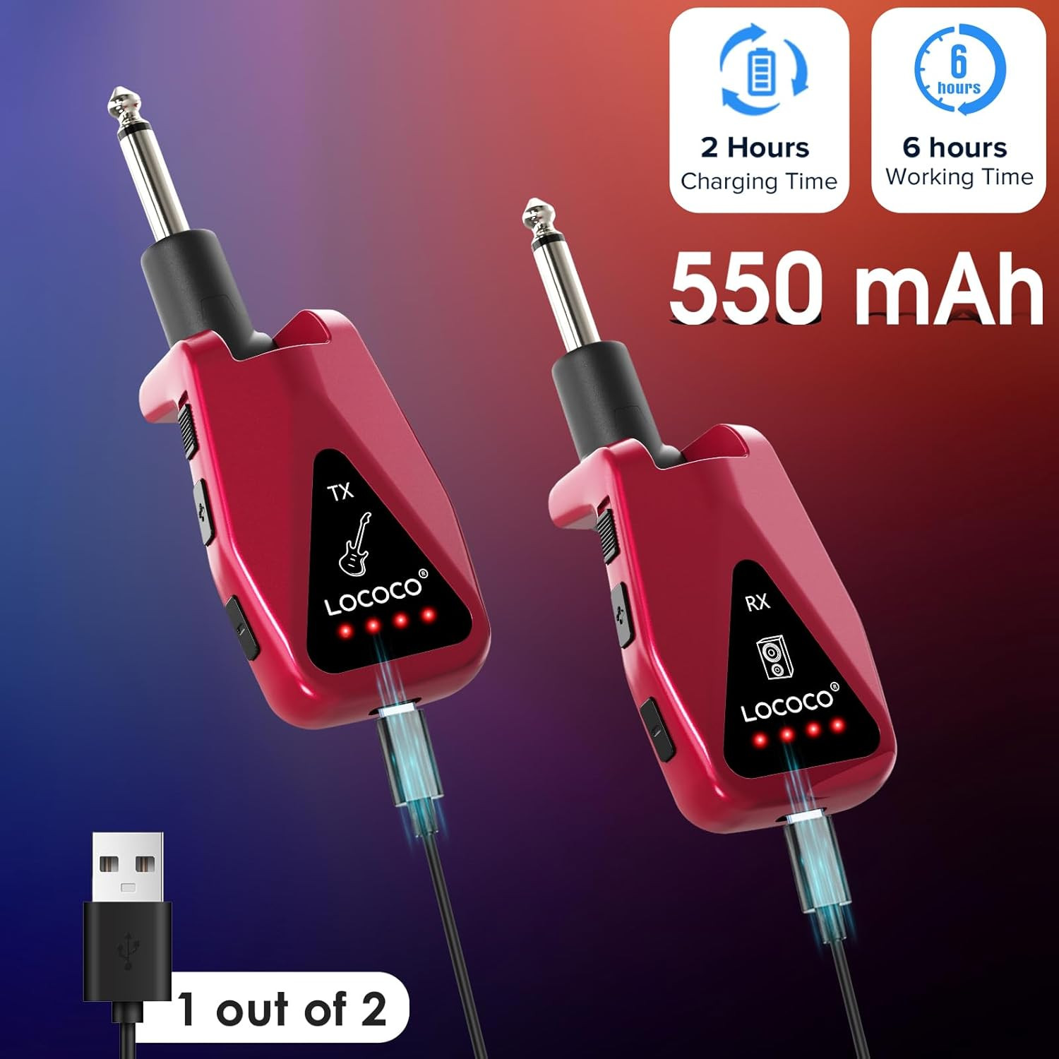 Wireless Guitar System Transmitter Receiver: UHF Cordless 164 Feet Range - 6 Cha