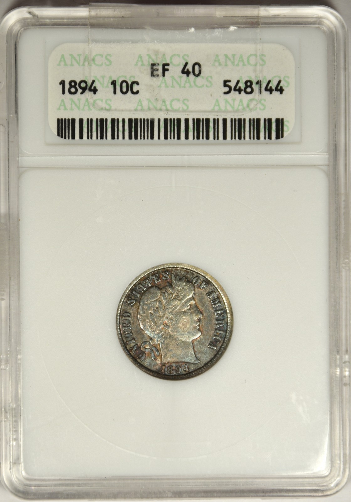 1894 BARBER DIME ~ ANACS EF40 ~ OLD SOAPBOX HOLDER!