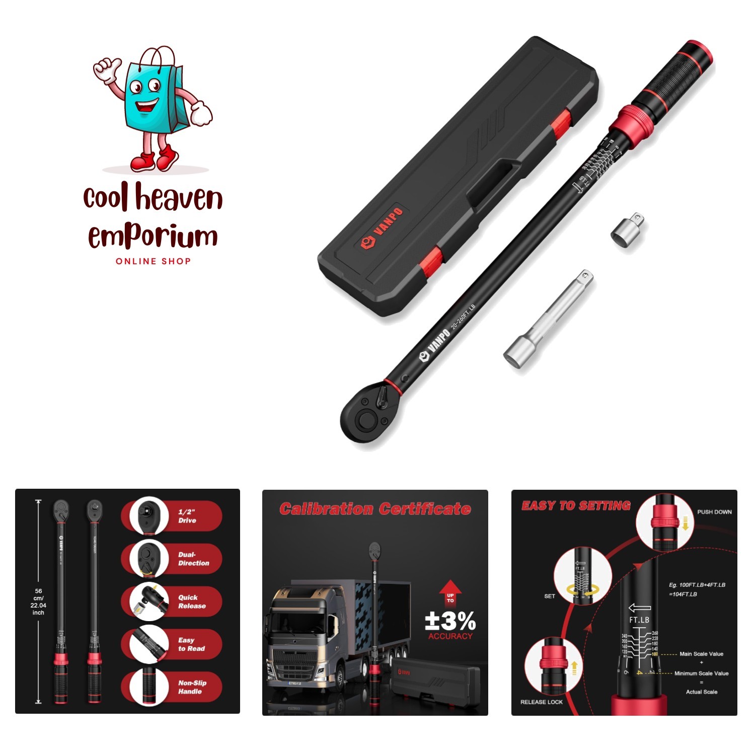 1/2-inch Drive Click Torque Wrench Set, 20-260 Ft-Lb / 27.1-352.3 Nm, 22.04",...