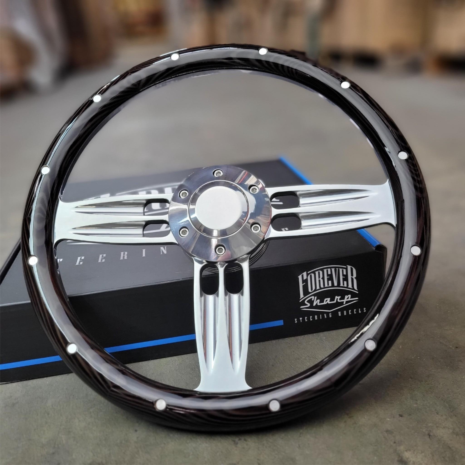 14" Inch Billet Steering Wheel Dark Pine Wood Rivet Half Wrap Horn - 6 Hole