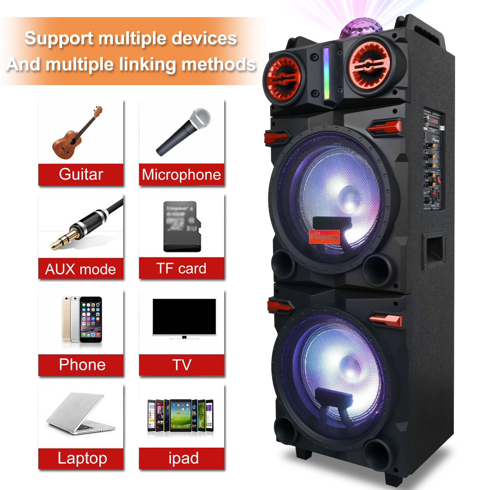 Dual 10" Portable Disco LED Bluetooth Speaker, Remote, & Powerful Sound System