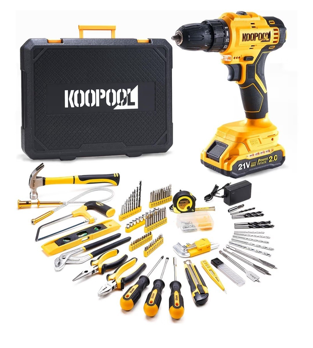 KOOPOOL 21V Cordless Drill/Driver Kit 187 pcs Case, Battery, Charger, Bits,Tools