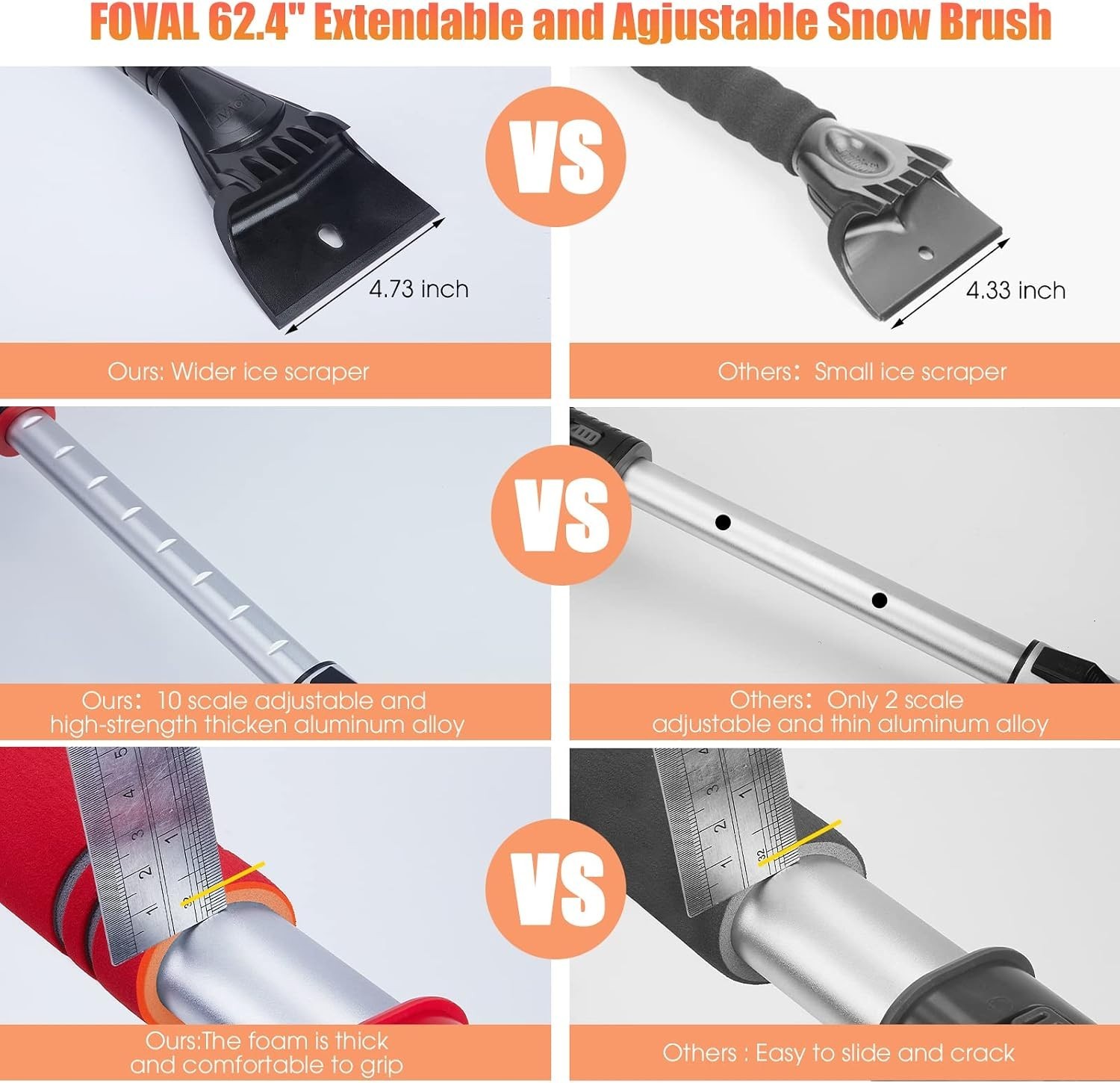 62.4" - Ice Scrapers for Car Windshield, 360°Pivoting Brush Head, Comfortable...