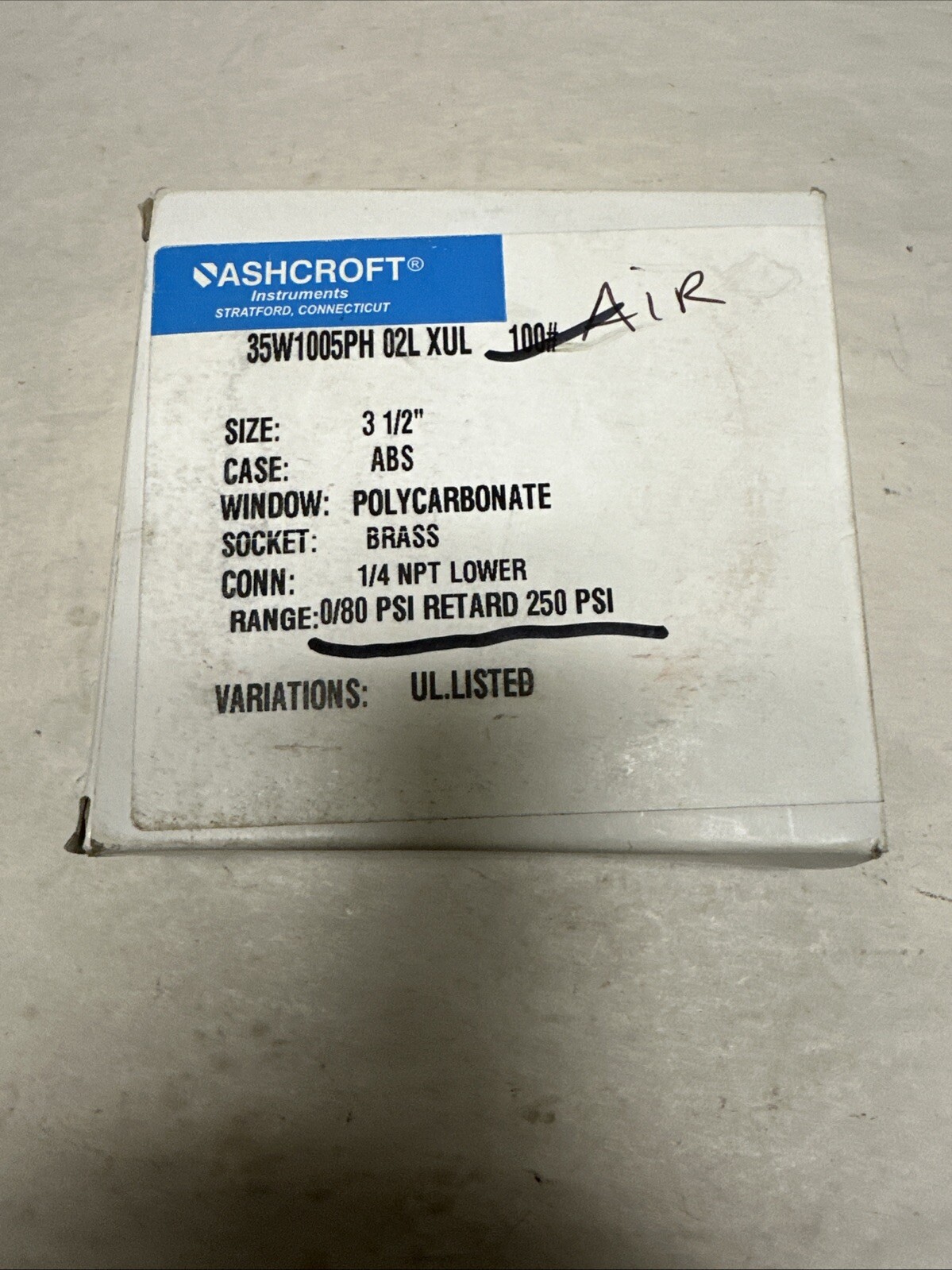 Ashcroft,35W1005PH 02L XUL,3-1/2" Polycabonate 0/80 PSI Retard 250PSI