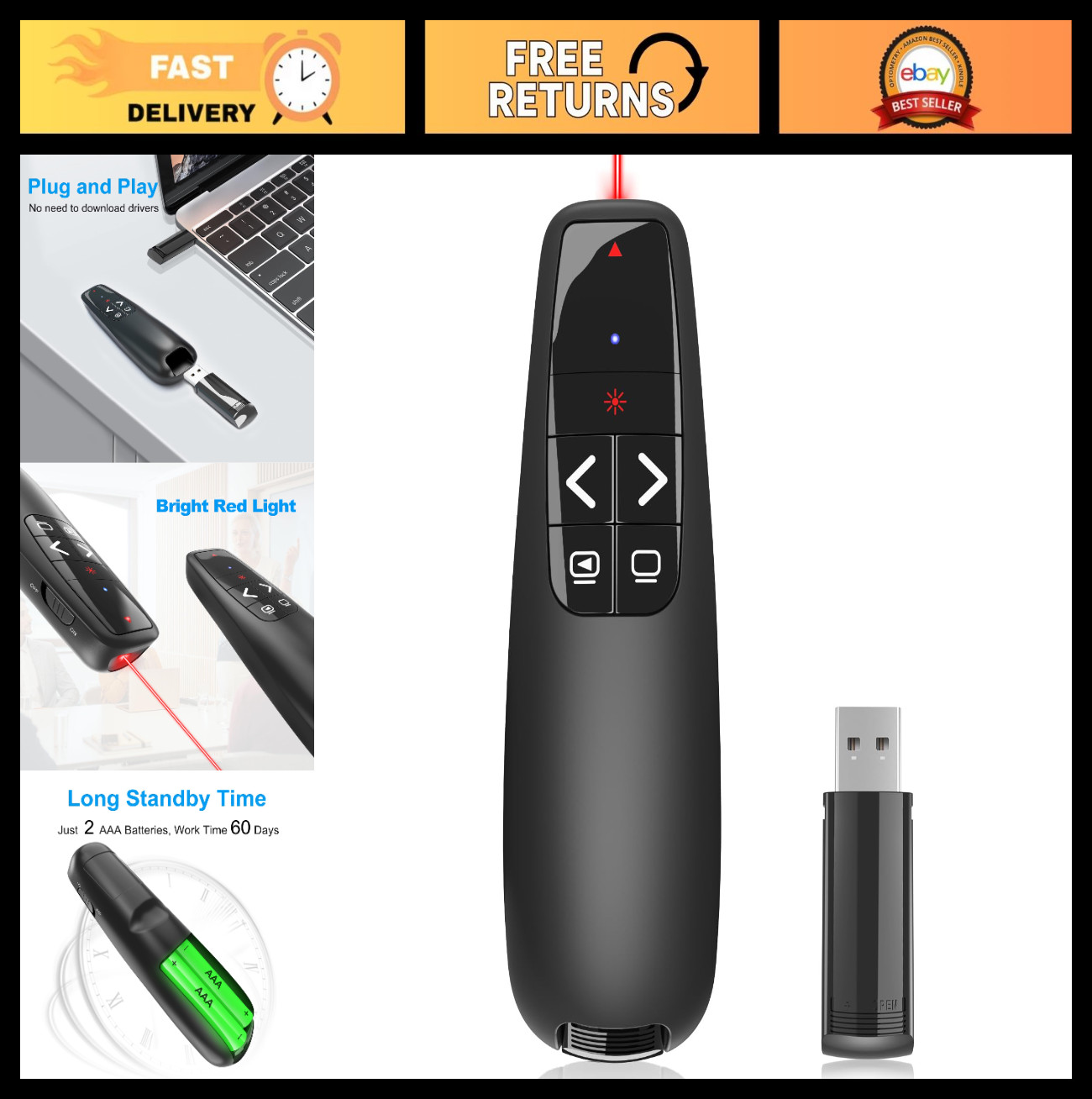 Wireless Presentation Clicker Remote for PowerPoint, USB Laptop Presenter, PPT A