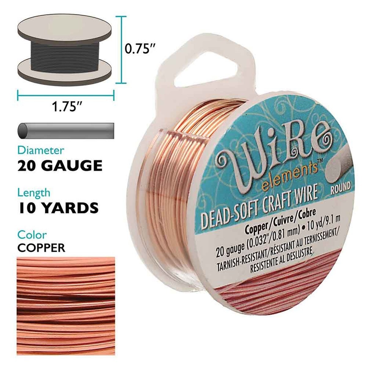 Wire, 10 Yard Tarnish Resistant Natural Copper 20 Gauge Round Wrapping Wire