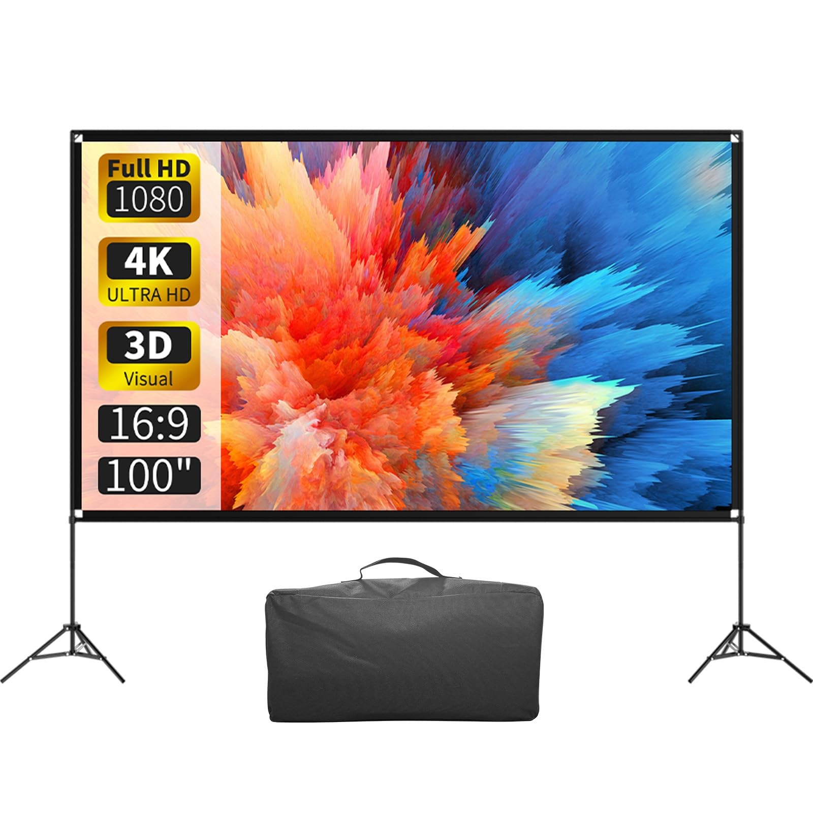 Projector Screen with Stand 100 Inch, 16:9 4K HD Portable Projector Screen In...