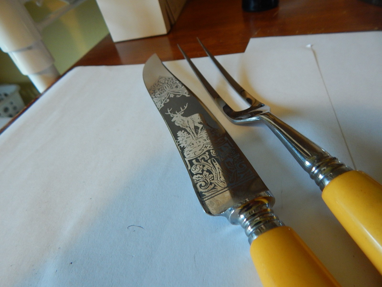 VTG 1950S 60S ? PEABODY GERMANY STAG ELK CARVING SET LUCITE HANDLES ETCHED BLADE