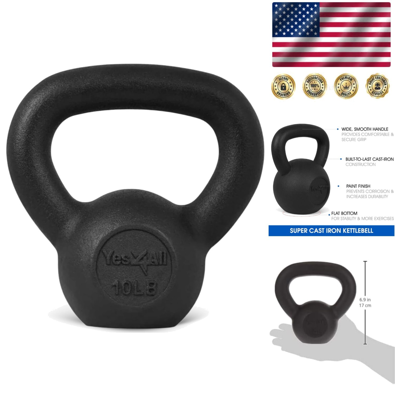 10 lbs Black Cast Iron Kettlebell - Smooth Handle for High-Rep Strength Training