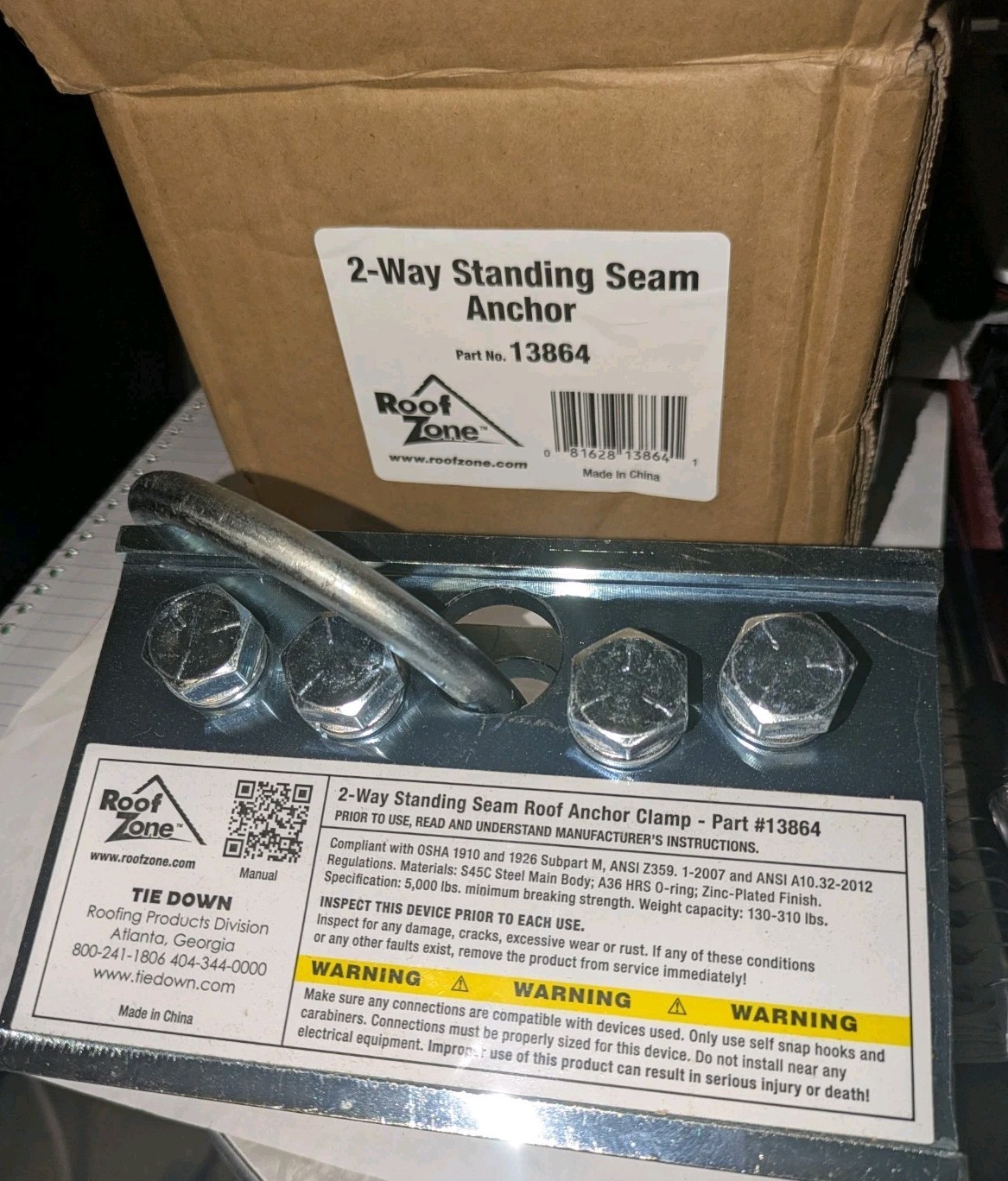 Roof Zone 2-Way Standing Seam Anchor Clamp Tie Down  PART No. 13864