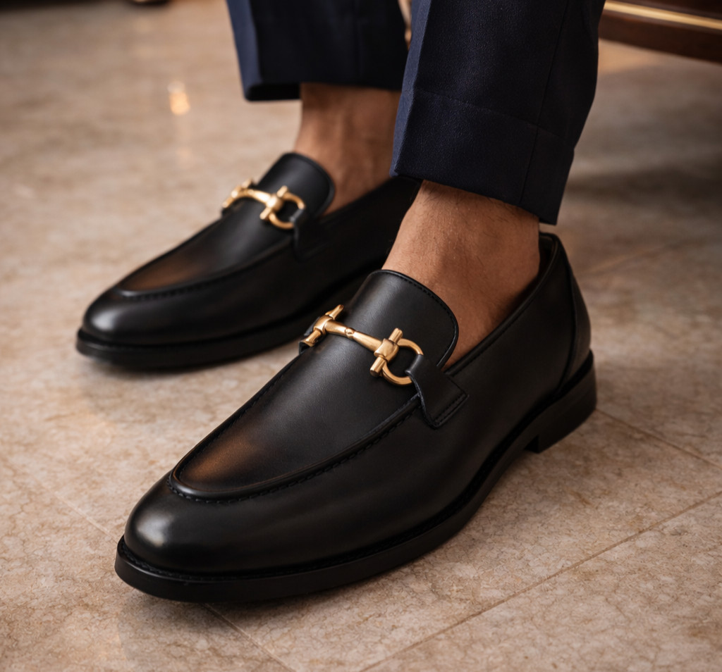 Men's Black Calf Leather Horsebit Loafers – Handmade Formal Slip On Dress Shoes