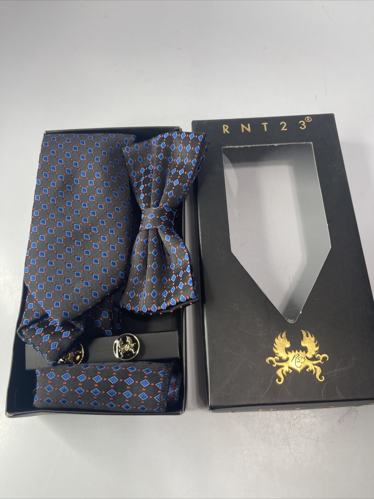 RNT23 rare tie set straight tie bow tie cufflinks handkerchief Black & Blue