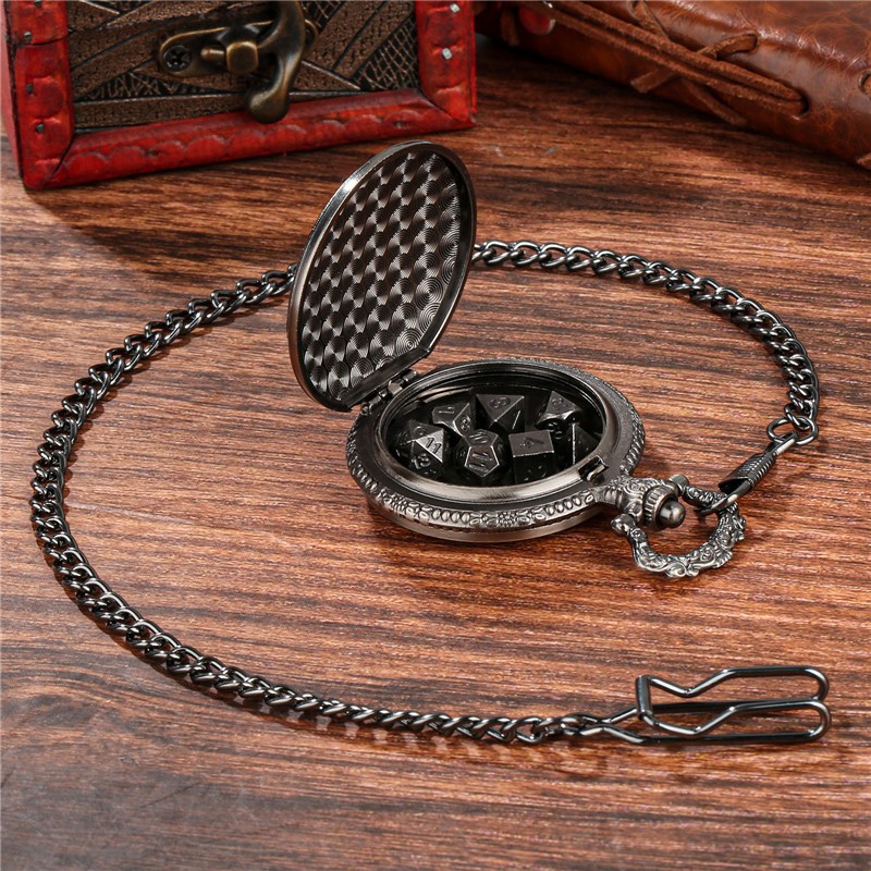 7pcs Mini Solid Metal Polyhedral Dice Set for RPG in Dragon Pocket Watch Case
