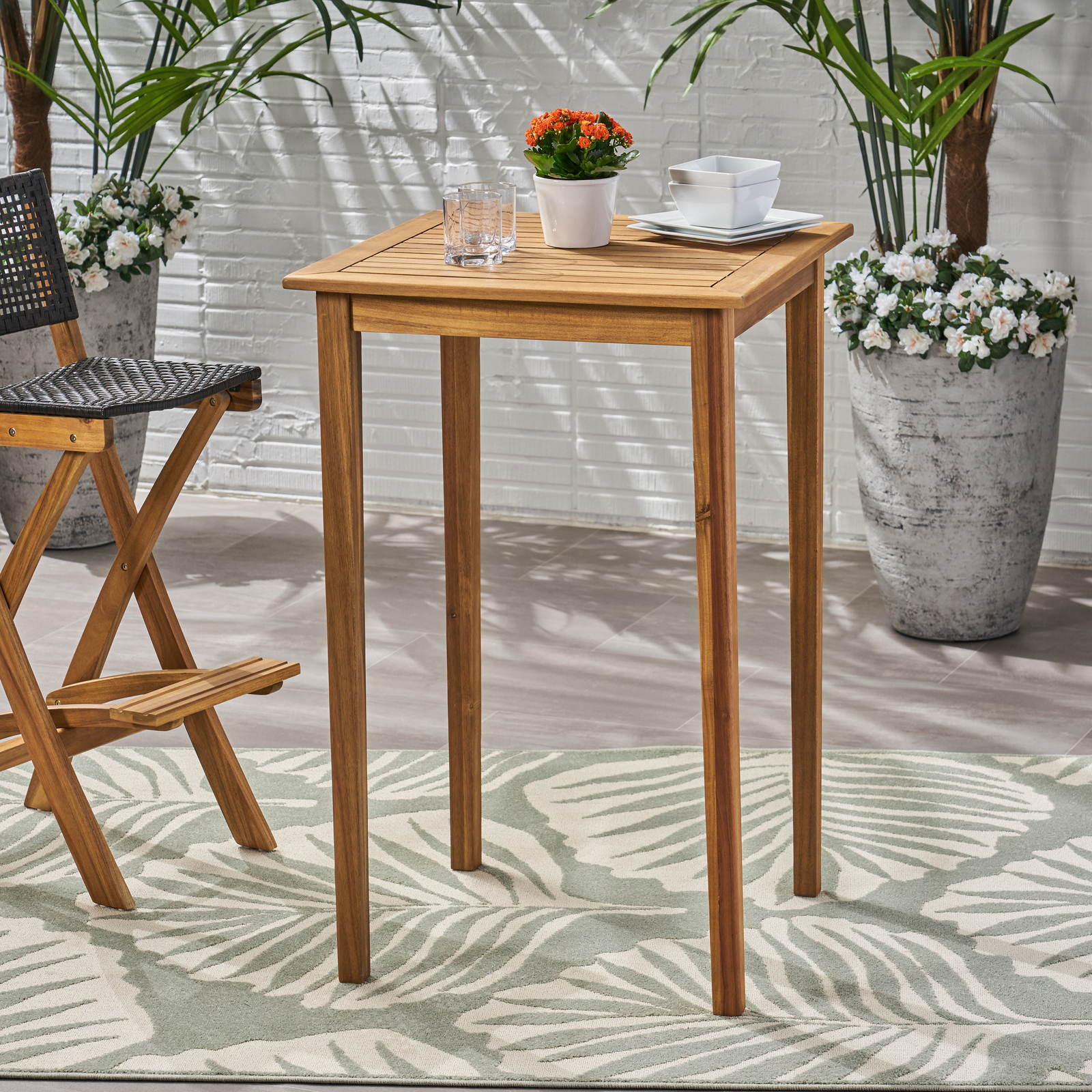 Teresa Outdoor Minimalist Acacia Wood Square Bar Table