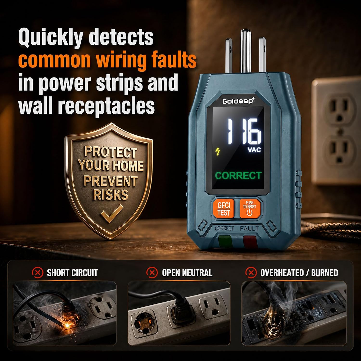 GFCI Outlet Tester for Socket Test Plug Checker for Grounding-Green | with LCD D