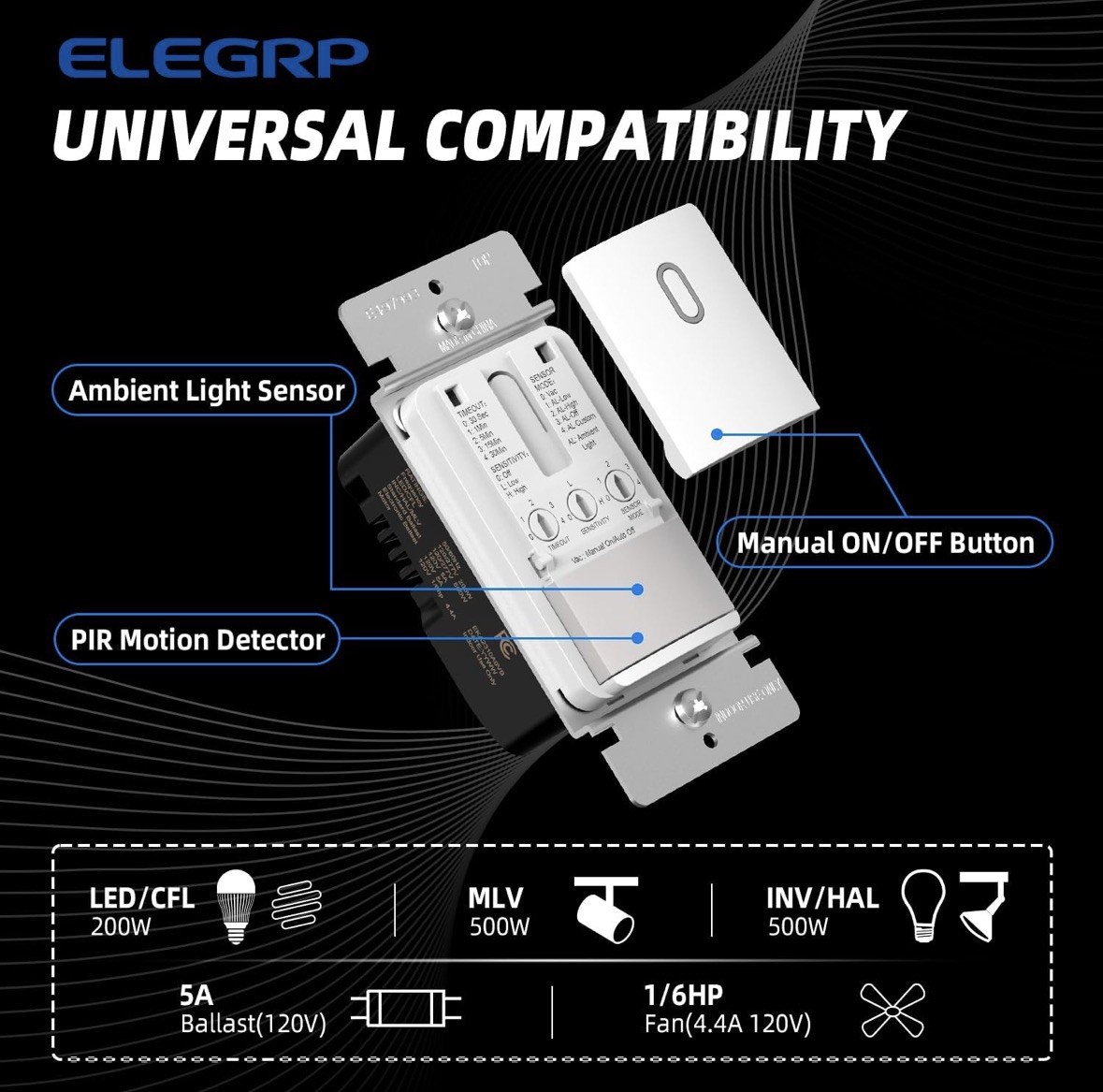 ELEGRP Occupancy Sensor Light Wall Switch Open Box no plate motion detection