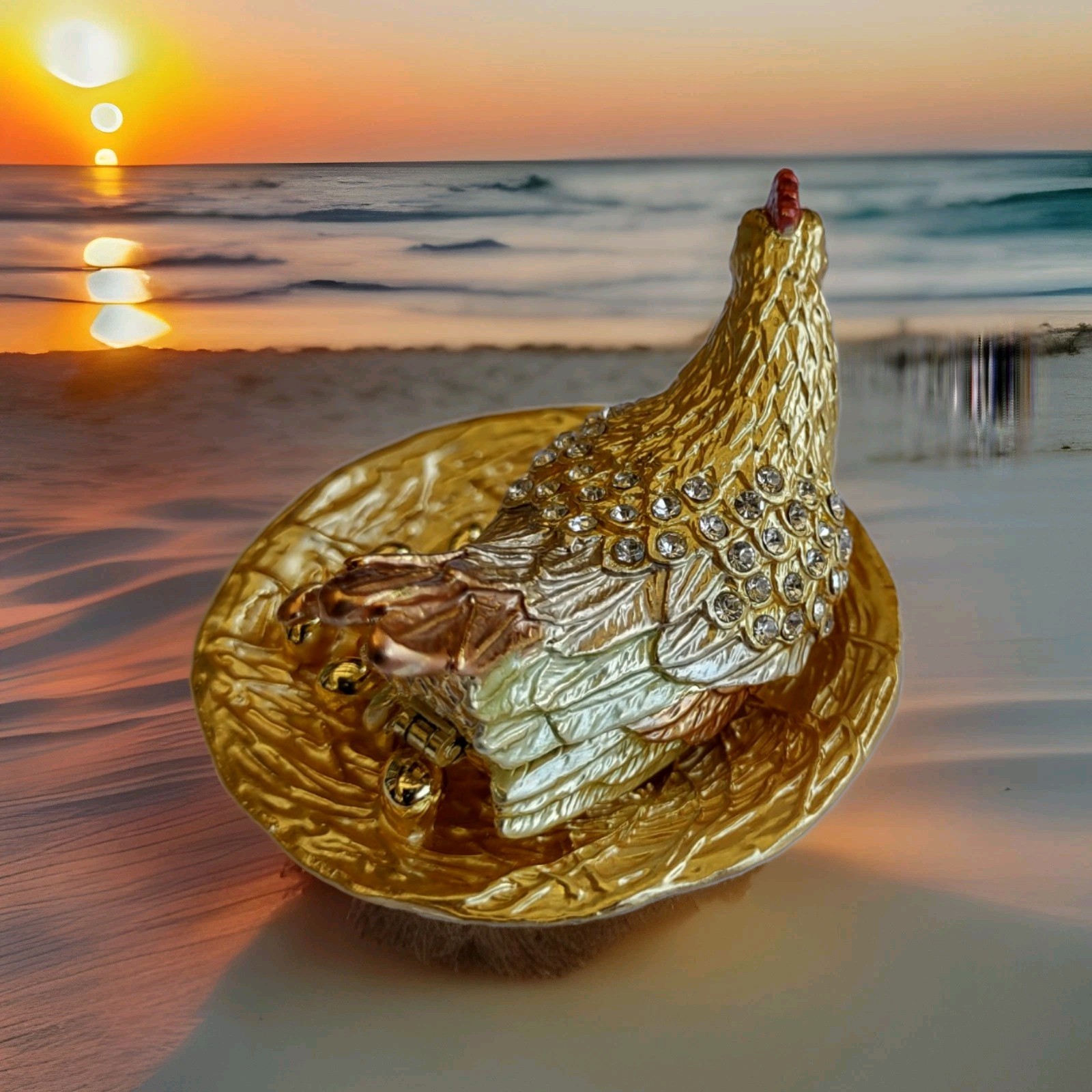 Gold Brown Chicken Hen Trinket Box