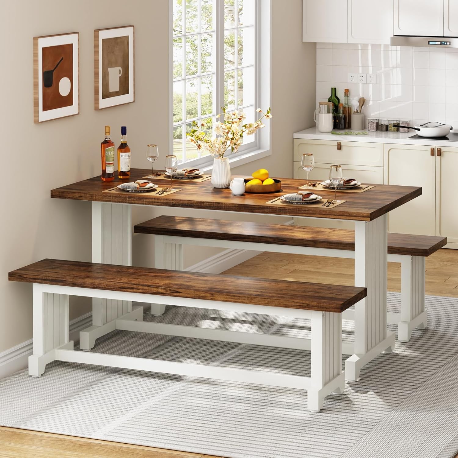 47-Inch Small Dining Table Set, Farmhouse Wood Kitchen Table with 2 Benches