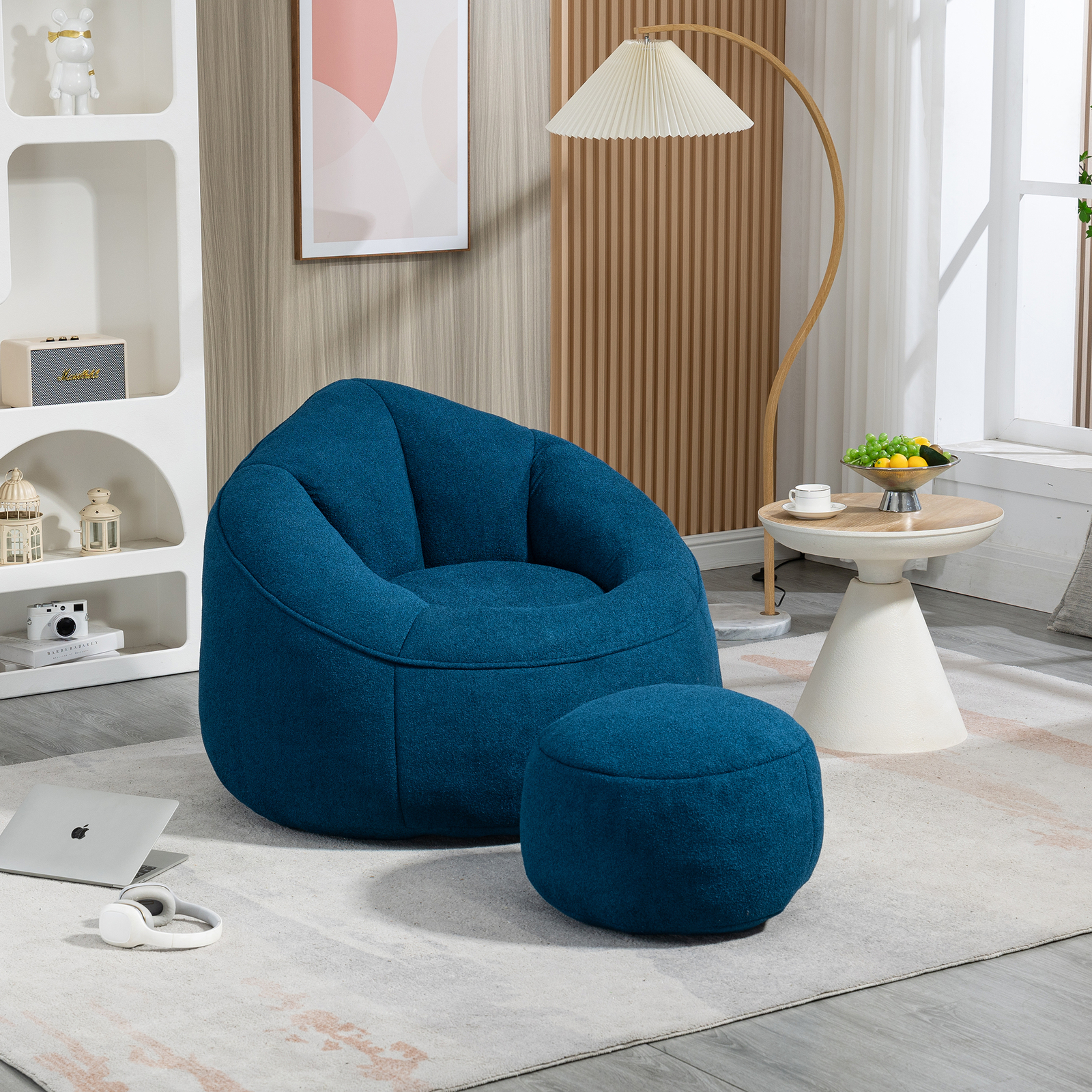 Bean Bag Sofa Chair High Pressure Foam Bean Bag Chair with Padded Footrest Blue
