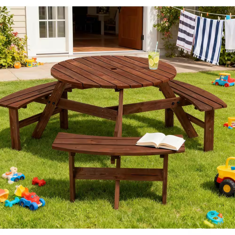 66.92 In. Brown round Fir Wood Picnic Table with 3 Built-In Benches for Backyard