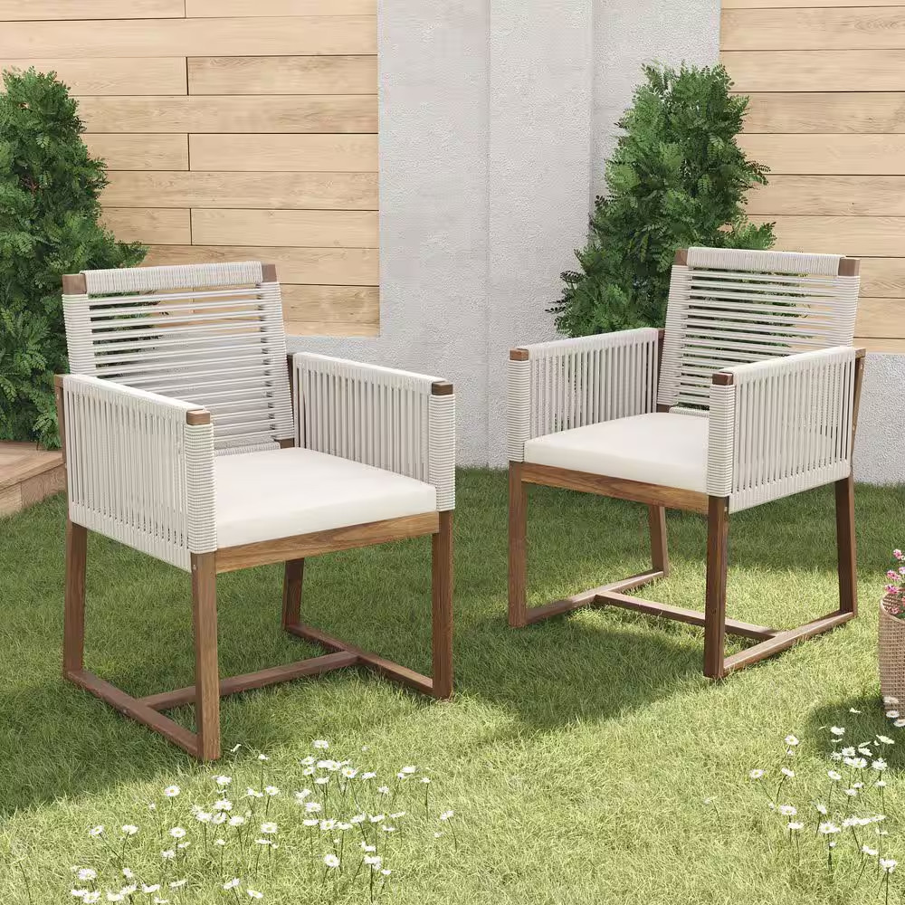 Acacia Wood Outdoor Dining Chair with White Washable Cushion and Rope Design Bac