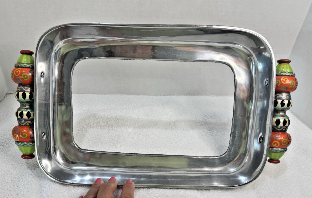 Casserole Holder Carrier Aluminum Enamel Overlay Painted Wood Handles 9x13
