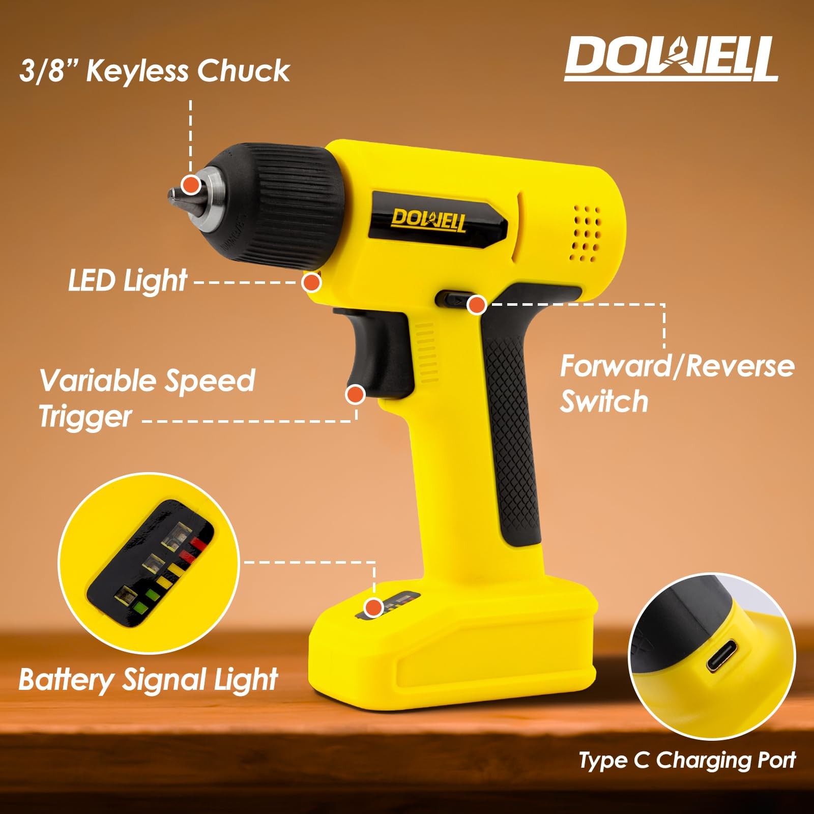 8V Cordless Drill Tool Set 58 PCS Builtin LED Variable Speed TypeC Yellow