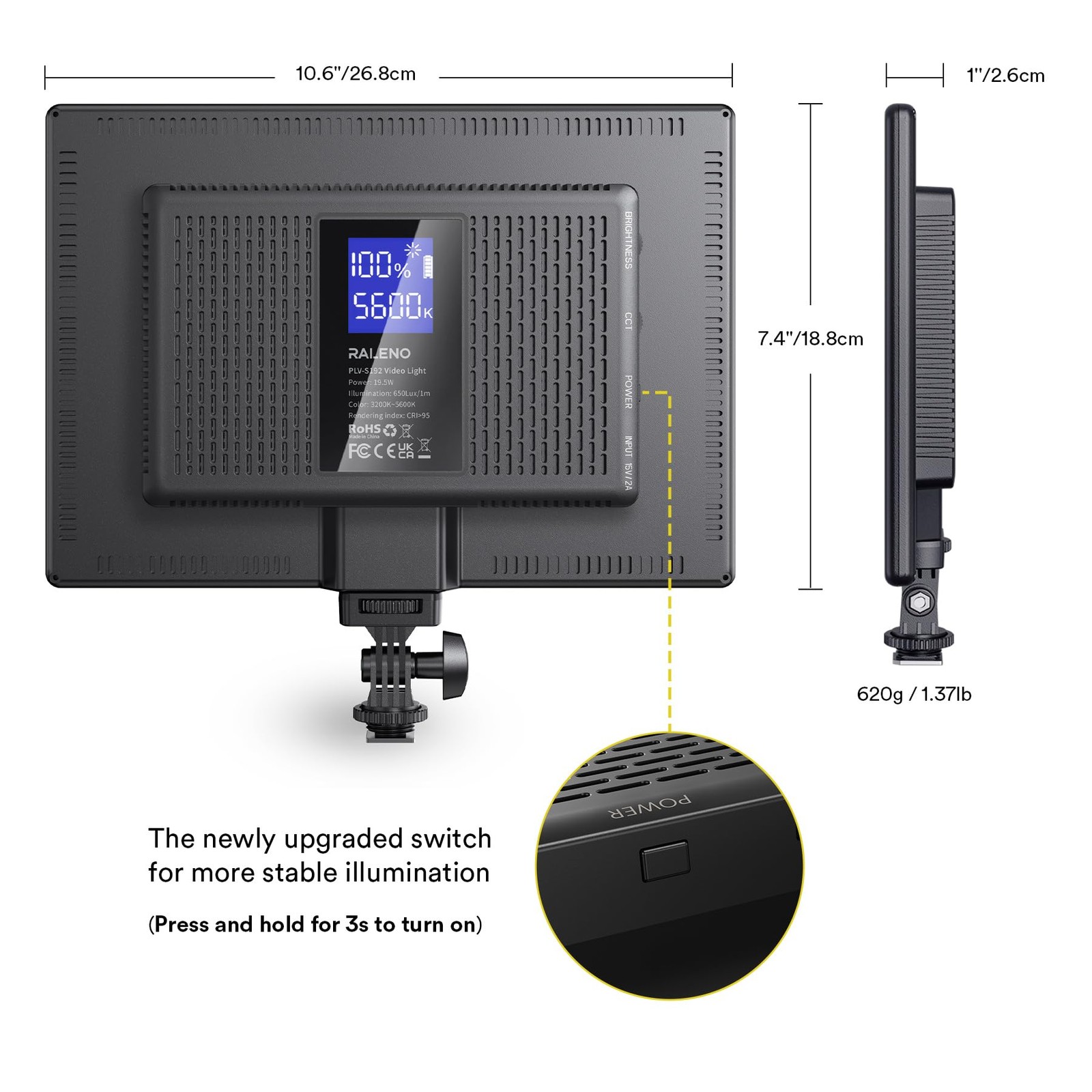19.5W LED Video Soft Light Panel, 650Lux/m 13" Camera Panel Light Built-in 80...