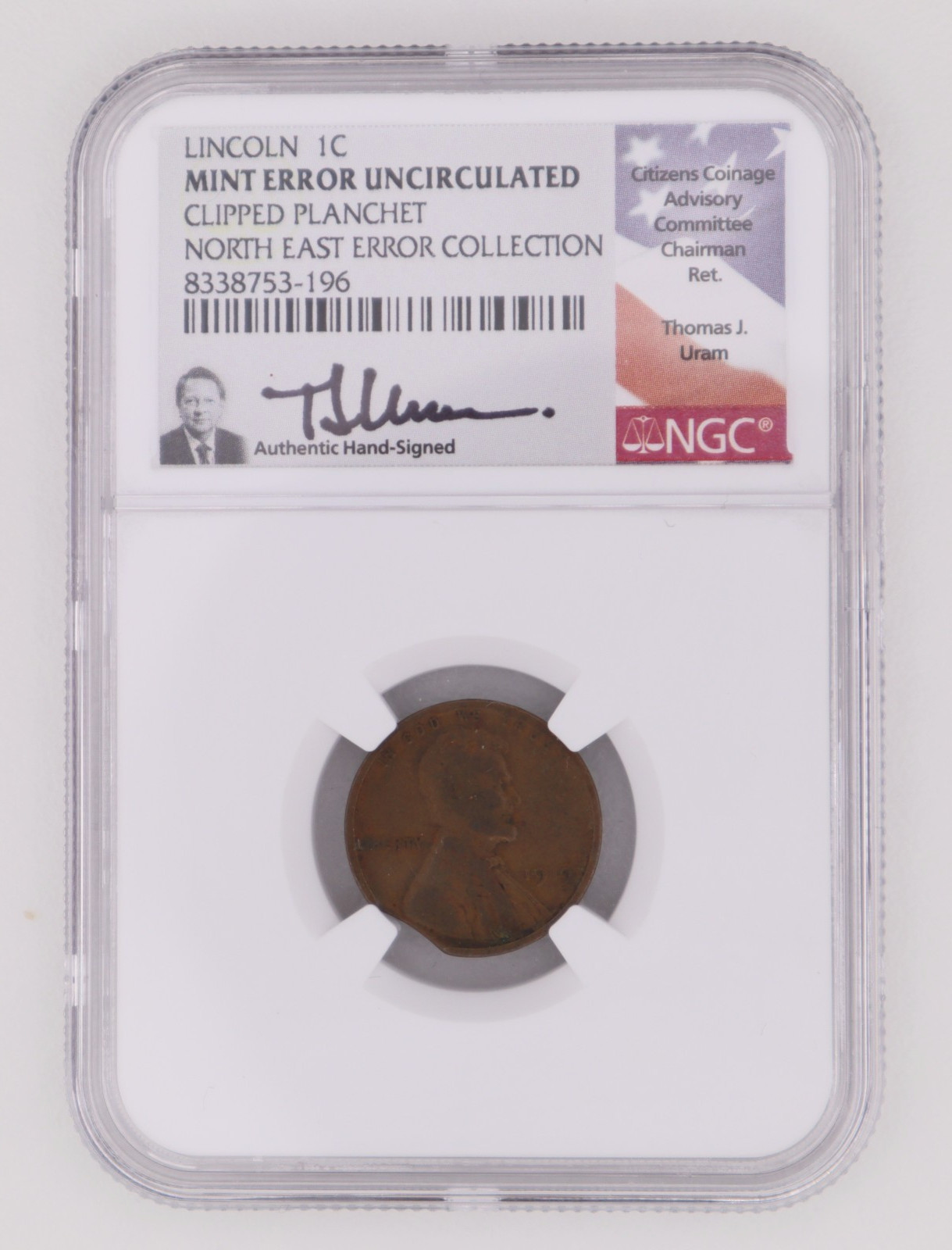 RARE 1919 Lincoln Wheat Cent Clipped Planchet Error – NGC Thomas Uram Signed