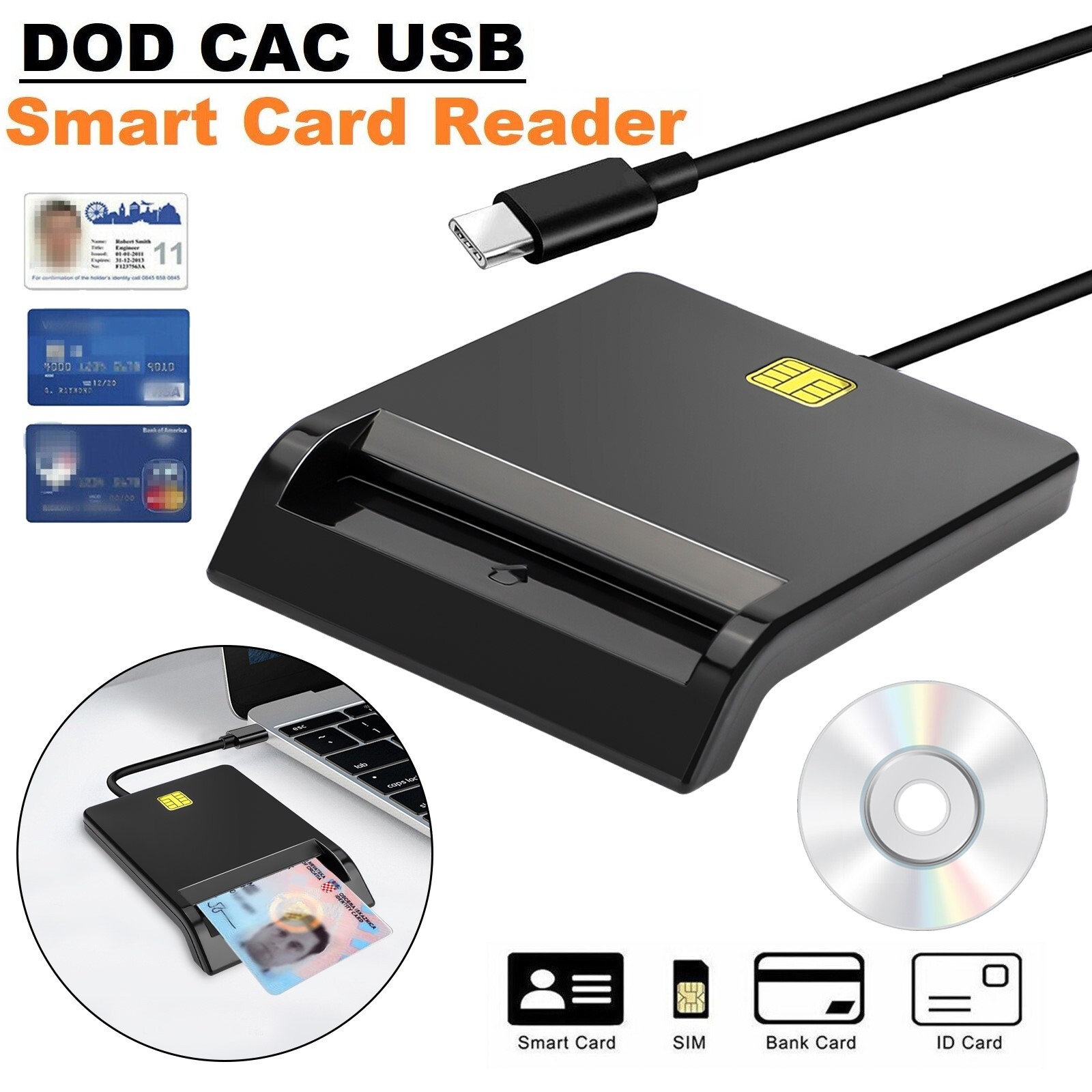USB C Smart Card Reader DOD Military CAC Common Access-Bank for Windows Mac OS