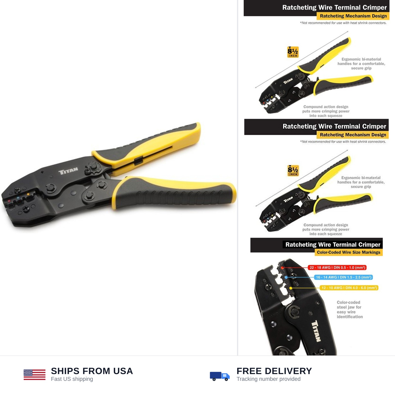 TITAN 11477 Ratcheting Wire Terminal Crimper Tool for Insulated Terminals, Fi...
