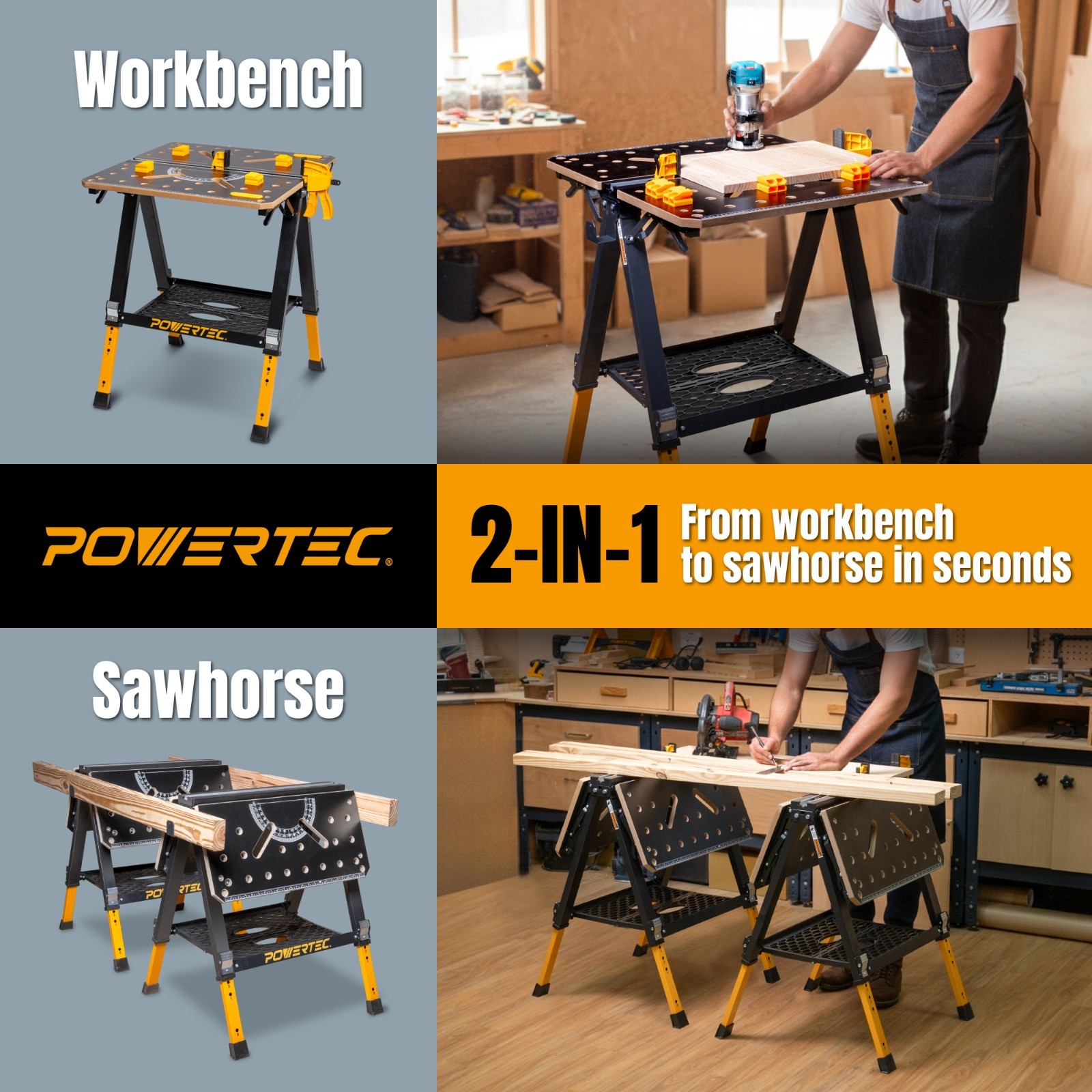 POWERTEC 2-in-1 Folding Work Table & Sawhorse 1000lb Capacity Portable Workbench