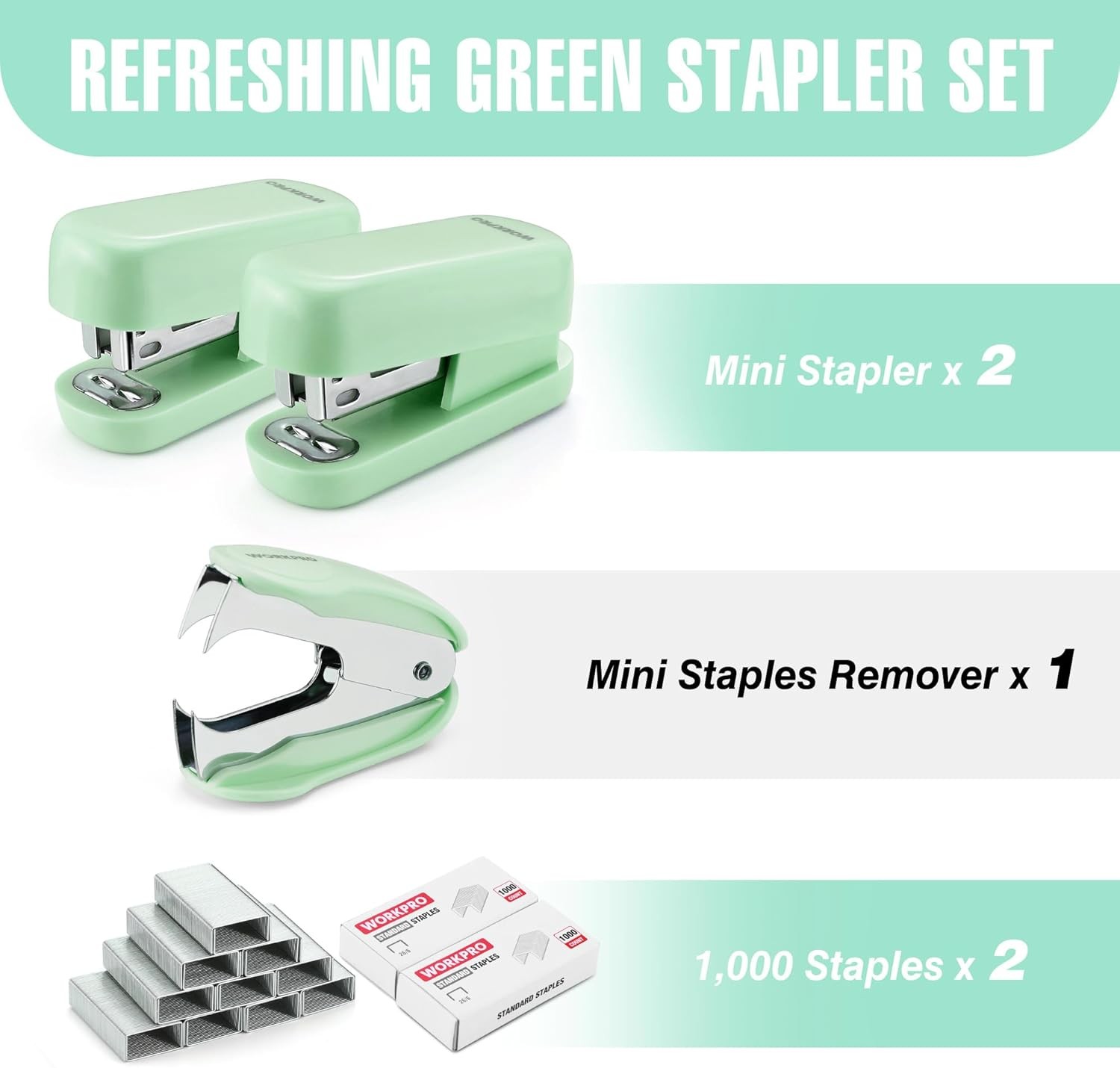 WORKPRO Small Stapler with Staples Green Stapler Set Includes Two Mini Stapler