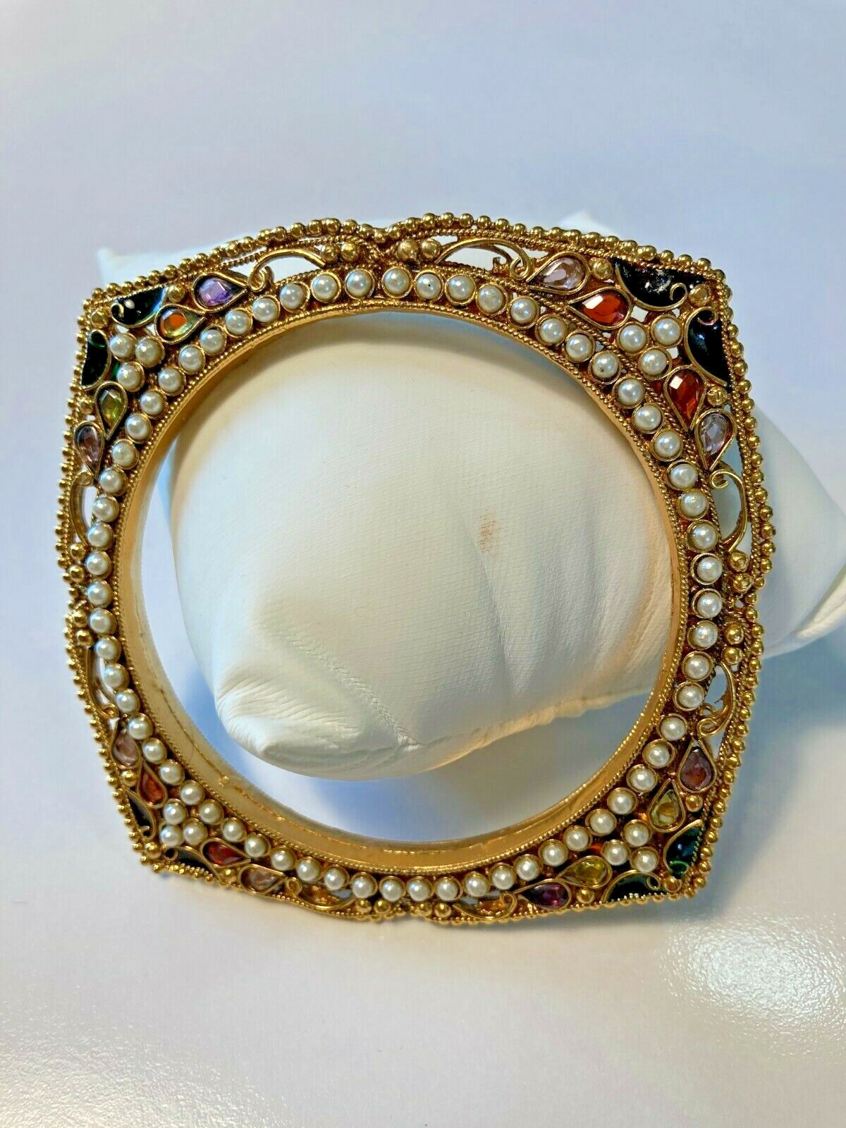 Artisan Square Crystal Pearl Enamel Bangle Bracelet NEW