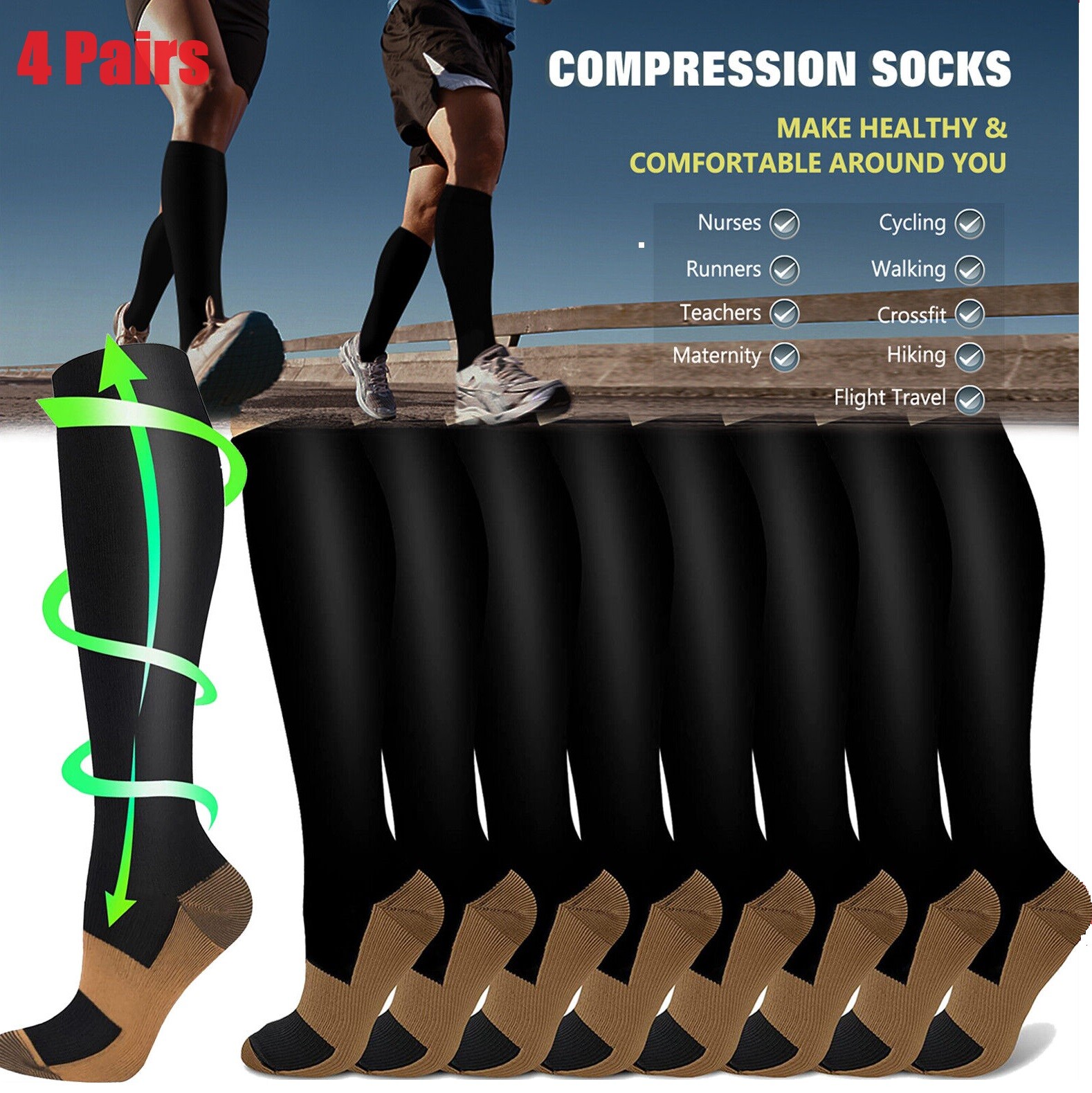 4 Pairs Compression Socks 20-30mmHg Graduated Support Men's Women's S-XXL