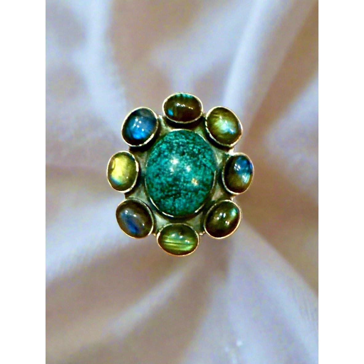 Spiderweb Turquoise & Labradorite Oval Cluster Ring Size 10
