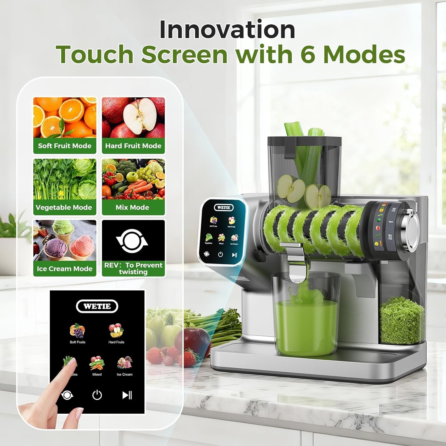 WETIE Cold Press Juicer Machine Gray Touch Screen Quiet with Adjustable Pressure