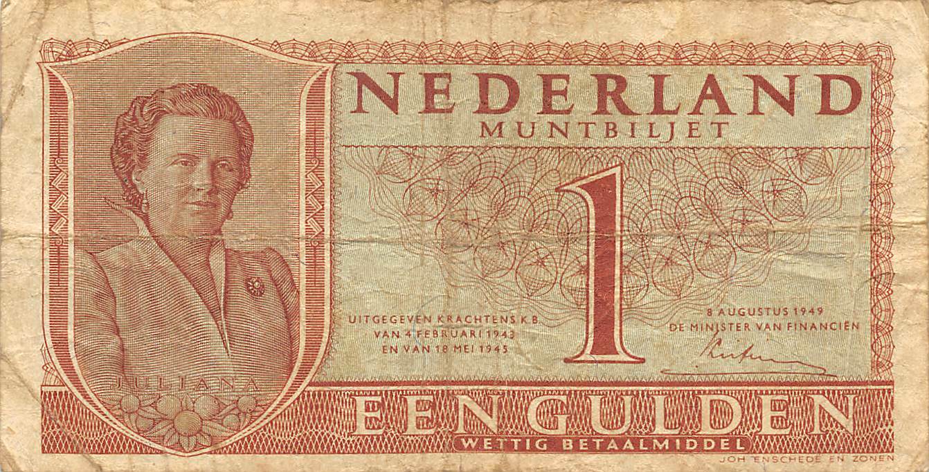 Netherlands  1  Gulden   8.8.1949   P 72  Series  2HU  Circulated Banknote ME3
