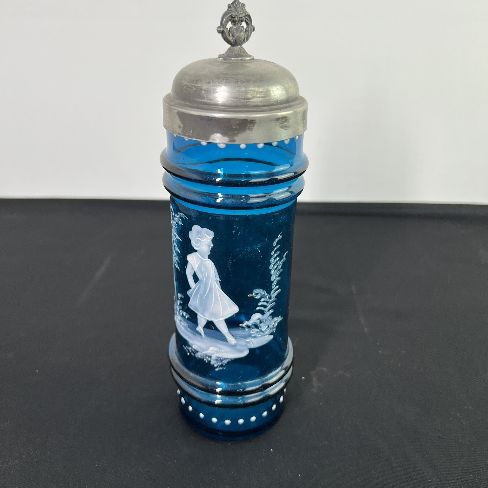 VINTAGE BLUE GLASS PICKLE JAR HAND PAINTED SILVER PLATE LID