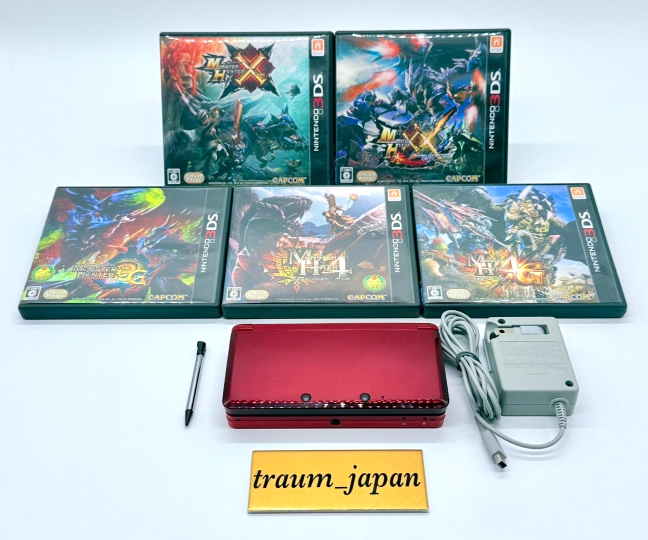 Nintendo 3DS Red Console & Monster Hunter 5 Game software NTSC-J Tested