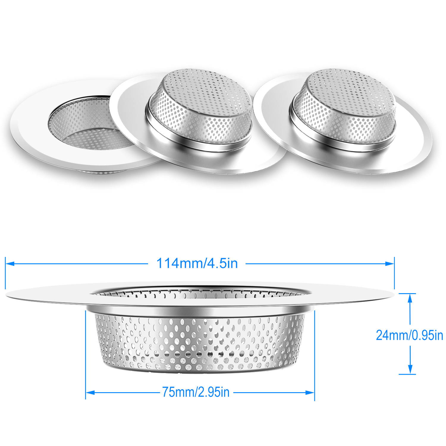 Helect 3-Pack Kitchen Sink Strainer Stainless Steel Drain Filter Strainer
