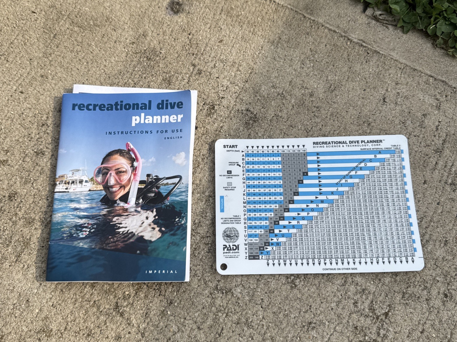 PADI Recreational Dive Planner Plastic Table- IMPERIAL