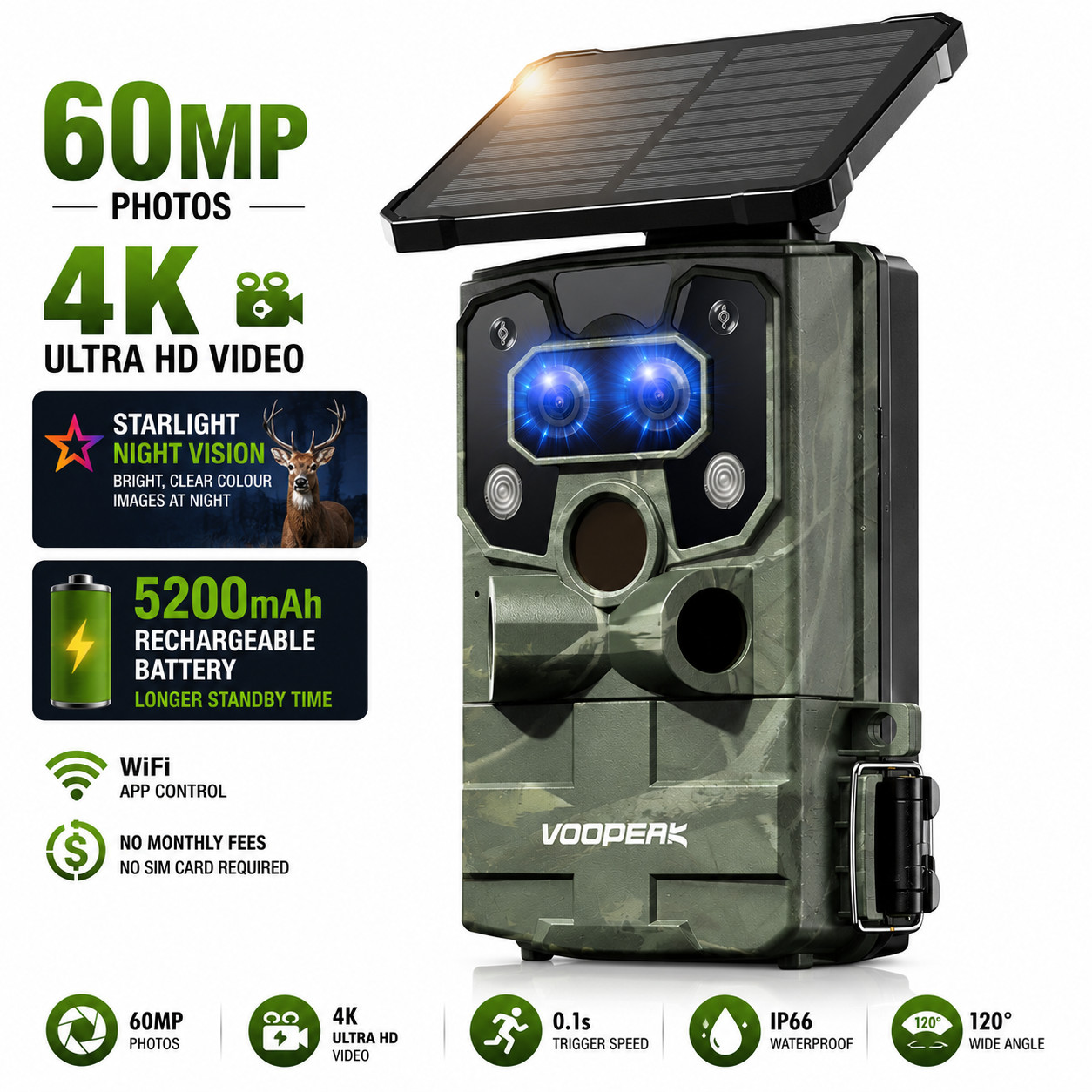 60MP Solar Trail Camera 4K Scouting Wildlife Hunting Game Cam Starlight Vision