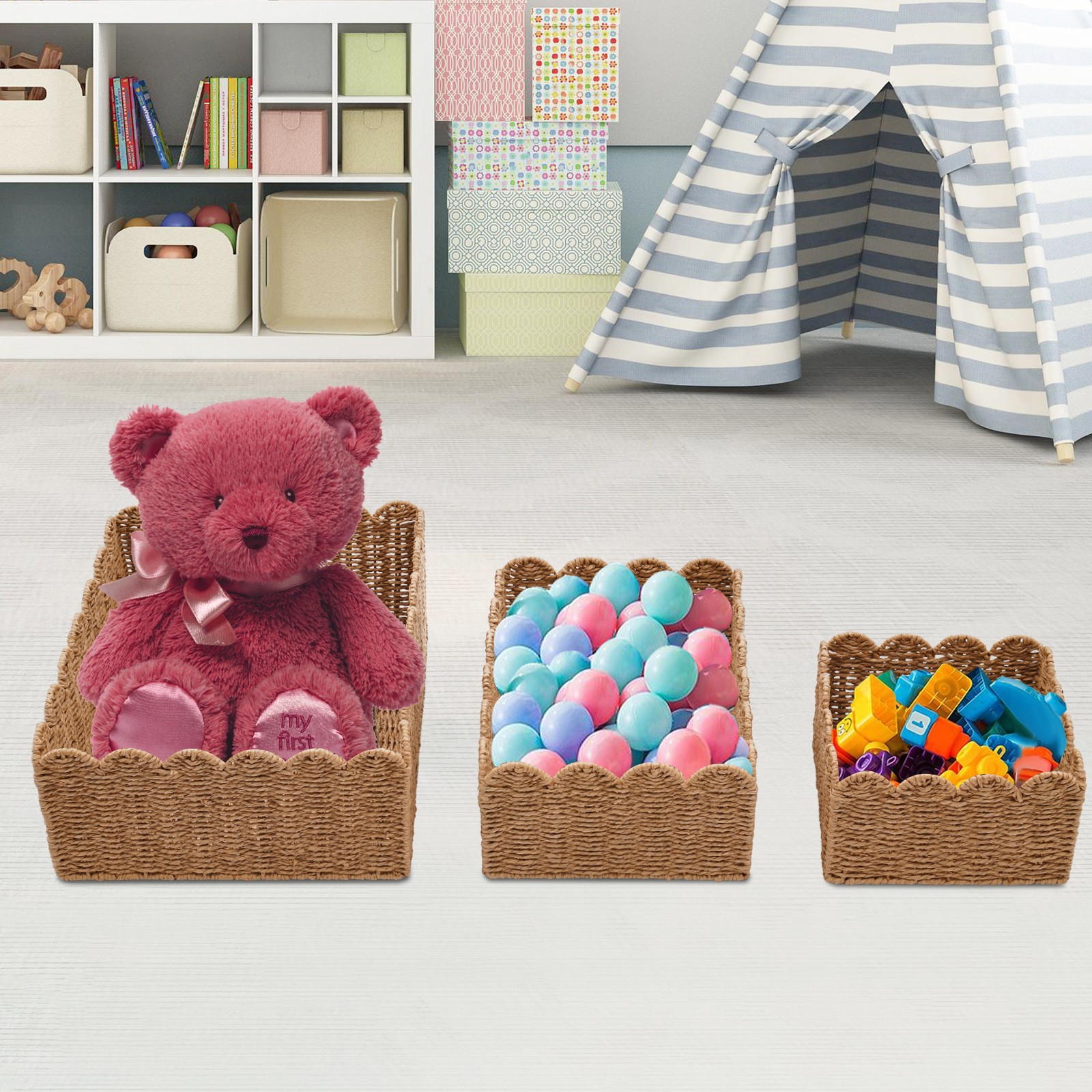 3-Piece Woven Storage Baskets Set Brown Rectangular Baskets for Desktop Organize