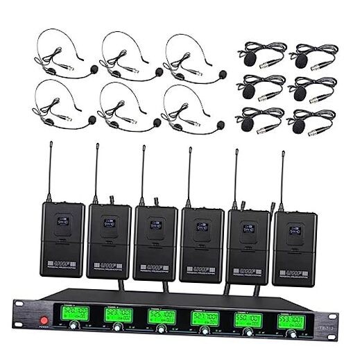 Wireless Microphone System UHF 6 lavalier Microphone Bodypacks Lapel Mic
