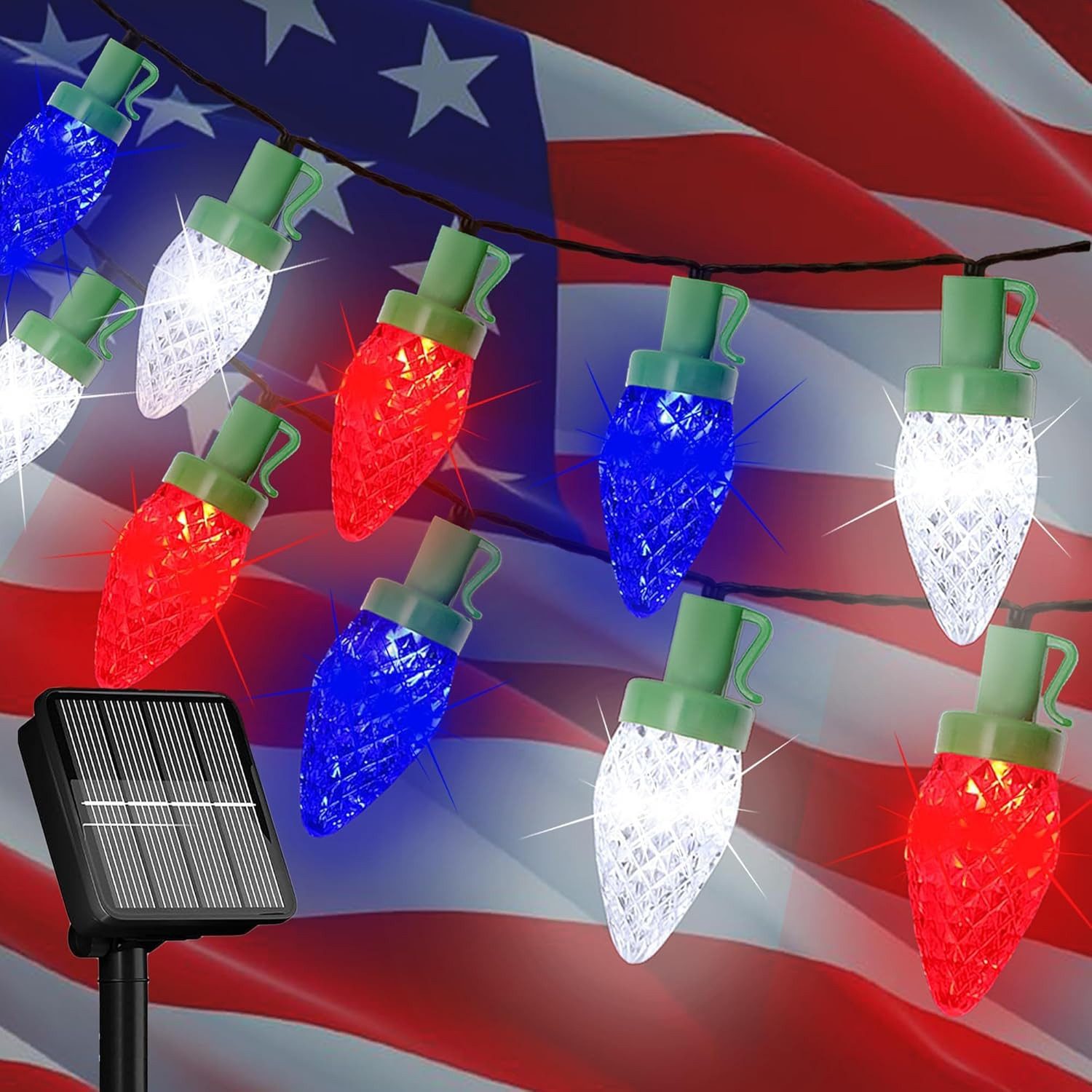 4Th of July Decorations C7 Bulb Solar String Lights Outdoor Waterproof 50 LED Re