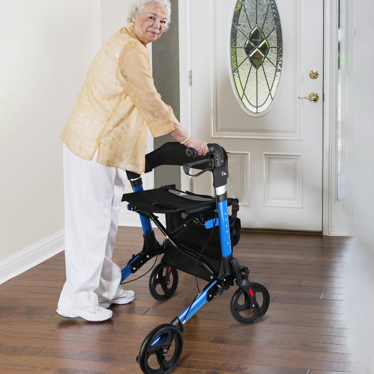 Aluminum Rollator Walker & Seat Backrest Rolling Walker Adjustable Height Walker