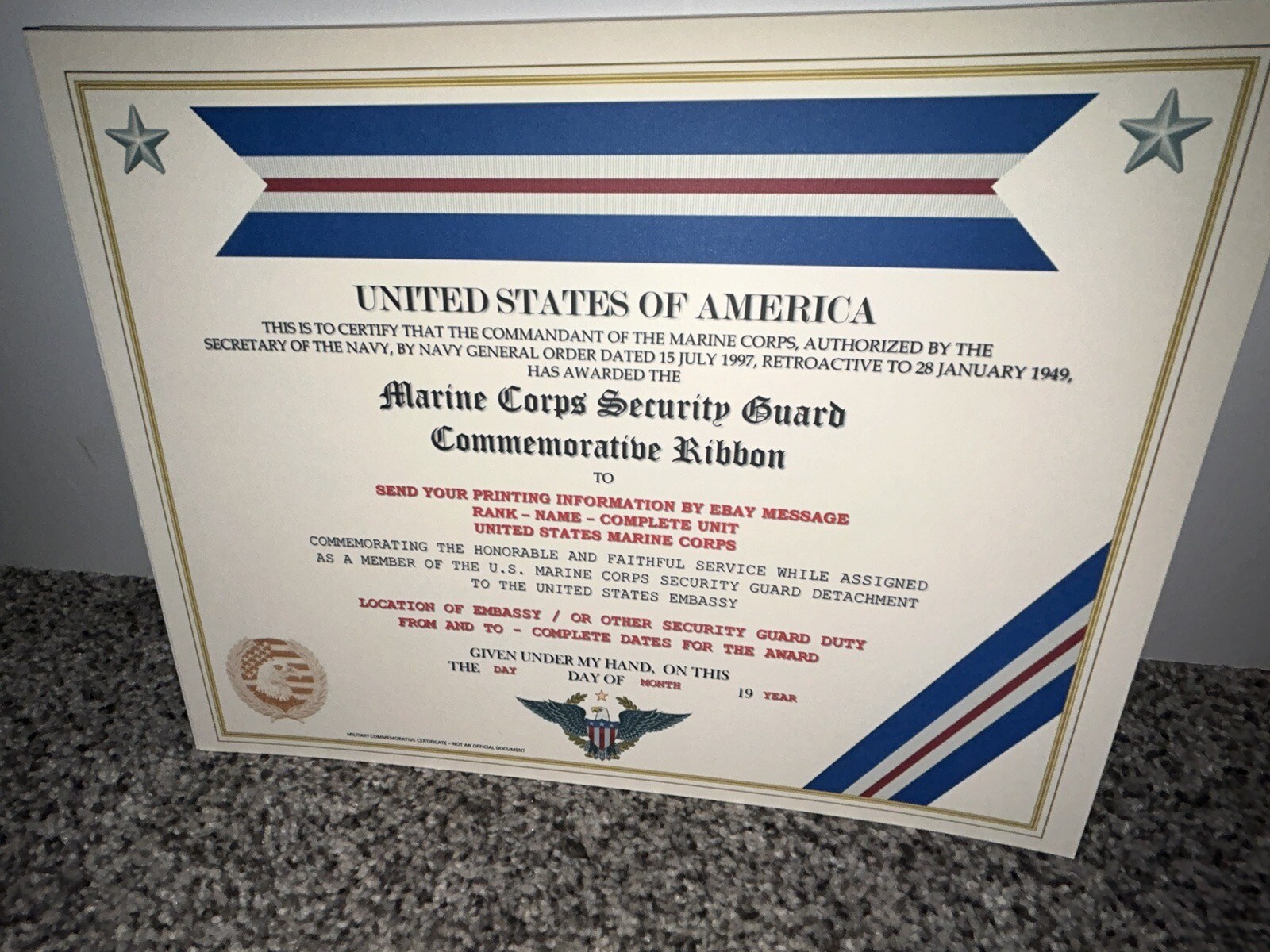 MARINE CORPS SECURITY GUARD RIBBON COMMEMORATIVE CERTIFICATE ~ W/PRINTING TYPE-1