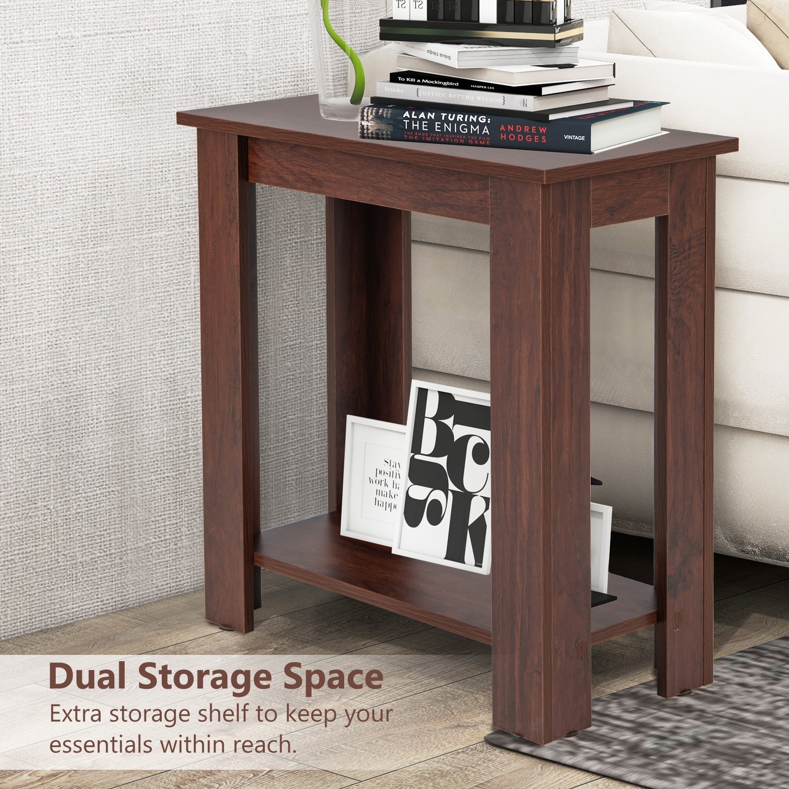 2 PCS End Table Sofa Bedside Table Compact Nightstand w/ Storage Shelf Espresso